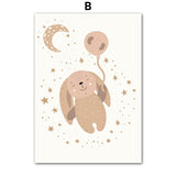 Boho Cartoon Bear Rabbit Alpaca Moon Rainbow Wall Art Canvas