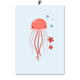 Cartoon Alphanumeric Table Octopus Jellyfish Wall Art Canvas Painting