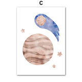 Acquerello Astronauta Rocket Earth Stars Moon Wall Art Poster