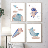 Acquerello Astronauta Rocket Earth Stars Moon Wall Art Poster