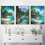 Sea Summer Landscape Bar Anime Wall Art Poster Blue Cabin Beach Forest Canvas Painting Print Picture Living Room Modern Decor