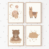 Boho Cartoon Bear Rabbit Alpaca Moon Rainbow Wall Art Canvas