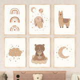 Boho Cartoon Bear Rabbit Alpaca Moon Rainbow Wall Art Canvas