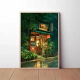 Anime Cafe Shop and Bicycle Canvas Poster Ghibli Work Anime Style Street Cafe Scene Wall Art Printing for Living Room Home Decor