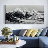 Large Gray And White Seawaves Seascape Oil Painting On Canvas Handmade Black Texture Knife Thick Wall Art For Home Living Room Decor Mural