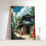 Japanese Tokyo Teahouse Cartoon Canvas Print Anime City Street Cafe Scene Wall Art Poster for Modern Living Room Home Decor Gift