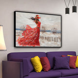 Hand-Painted Oil Painting Canvas Wall Art Decoration Girl Red Dress Seaside Abstract People Texture Art For Home Living Room Artwork Decor Rolled Frameless Unstretched Painting