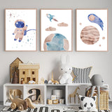 Acquerello Astronauta Rocket Earth Stars Moon Wall Art Poster