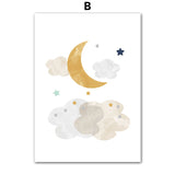 Cartoon Dinosaur Moon Tree Mountain Rainbow Wall Art Canvas Painting