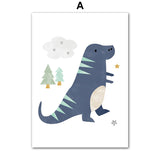 Cartoon Dinosaur Moon Tree Mountain Rainbow Wall Art Canvas Painting