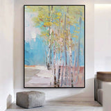 Handmade Oil Painting Canvas Wall Art Decoration Birch Forest Landscape Abstract Painting For Home Living Room Decor Rolled Frameless Unstretched Painting