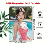 Metal Sign, Pink Anime Bikini Girl Wall Art with White Border, Durable Iron Poster for Home Bar Cafe Christmas Decor
