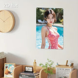 Metal Sign, Pink Anime Bikini Girl Wall Art with White Border, Durable Iron Poster for Home Bar Cafe Christmas Decor