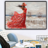 Hand-Painted Oil Painting Canvas Wall Art Decoration Girl Red Dress Seaside Abstract People Texture Art For Home Living Room Artwork Decor Rolled Frameless Unstretched Painting