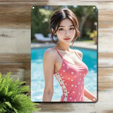 Metal Sign, Pink Anime Bikini Girl Wall Art with White Border, Durable Iron Poster for Home Bar Cafe Christmas Decor